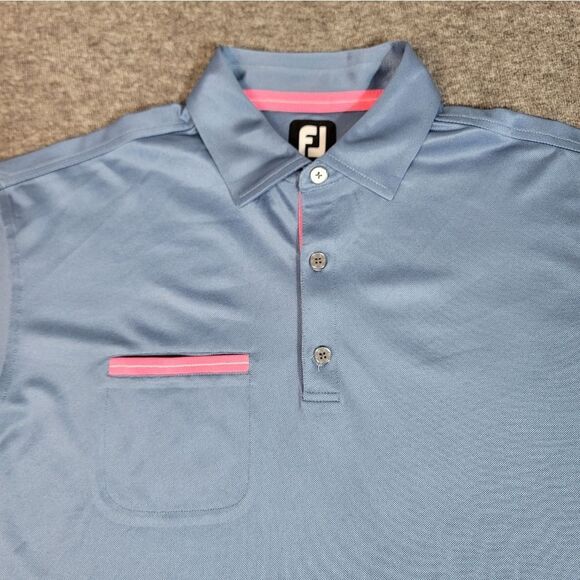FootJoy Men's Golf Shirt Size L Blue Performance Polo With Pink Chest Pocket - Picture 3 of 13